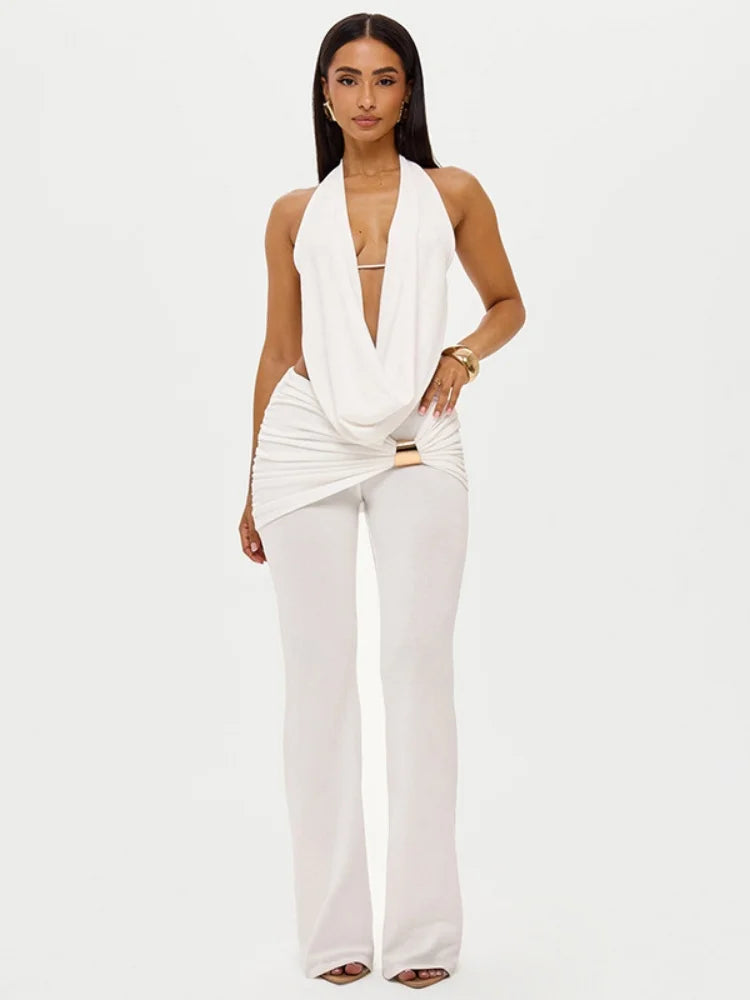 Sexy Black Two Piece Outfit for Woman Open Back Halter Top Metal Buckle Flare Pants Matching Sets Club Wear