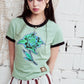 Women's Rose Print Cropped Ringer T-Shirt Color-Block Trim Baby Tee Short Sleeve Casual Fit Top