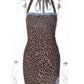 Leopard Print Halter Mini Dress Women Blue Lace Trim Slit Bodycon Short Dresses Nightclub Party Clubwear Summer Dress