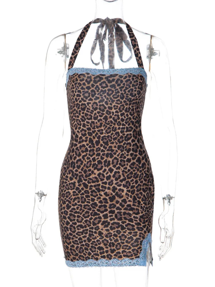 Leopard Print Halter Mini Dress Women Blue Lace Trim Slit Bodycon Short Dresses Nightclub Party Clubwear Summer Dress