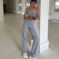 Women Summer Y2K Coquette Striped Tracksuit Yoga Sets Sleeveless Backless Crop Tops Tanks+Fold Over Trousers Sweatpants