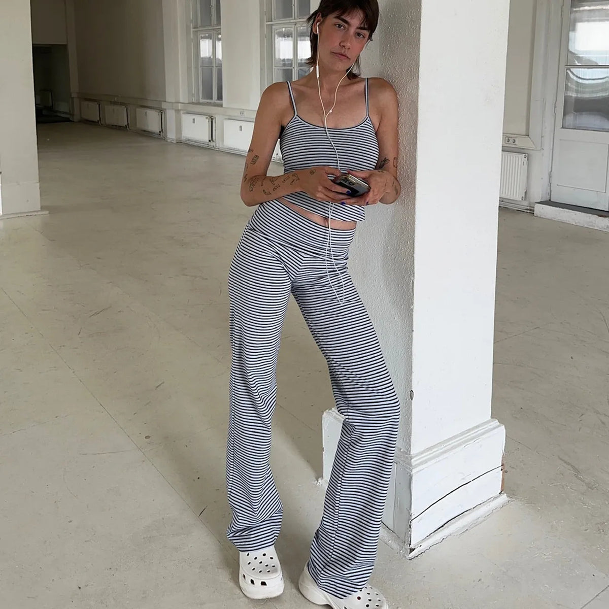 Women Summer Y2K Coquette Striped Tracksuit Yoga Sets Sleeveless Backless Crop Tops Tanks+Fold Over Trousers Sweatpants
