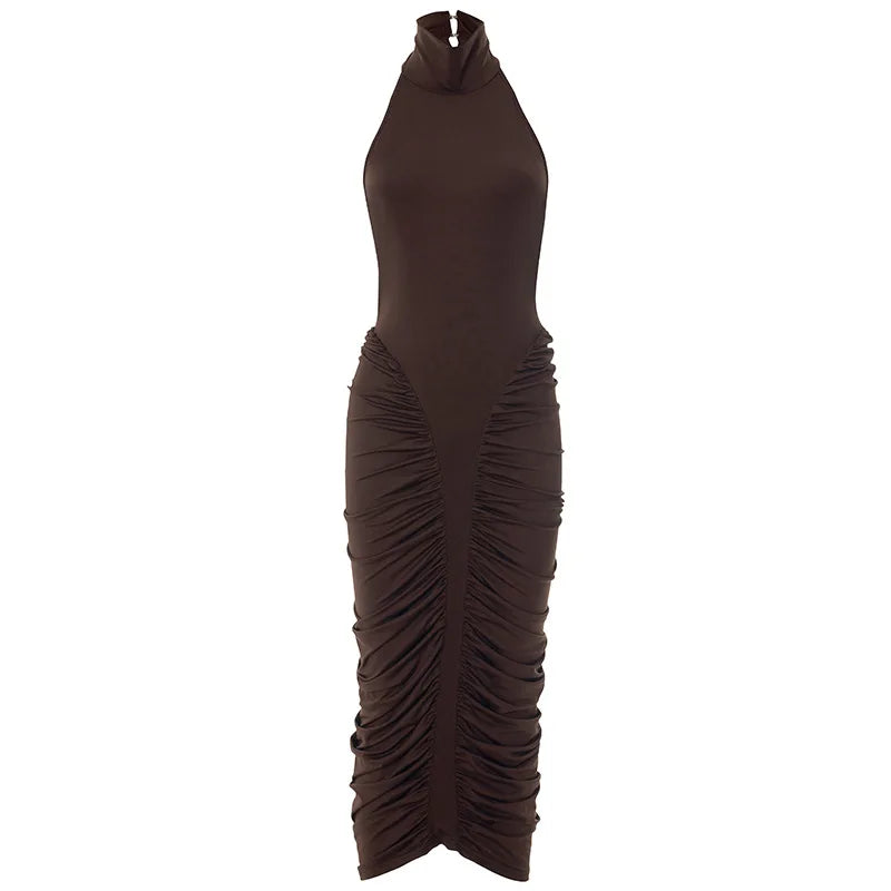 Sexy Ruched Backless Bodycon Dresses for Woman Elegant Party Long Dress Brown Date Nights Outfits Fall 2025