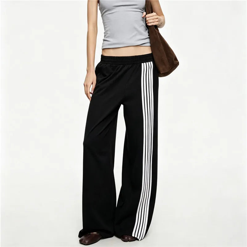 Y2K Women Side Striped Wide Leg Sweatpants Elastic Waist Loose Floor‑Length Sport Trousers Streetwear Casual Pants