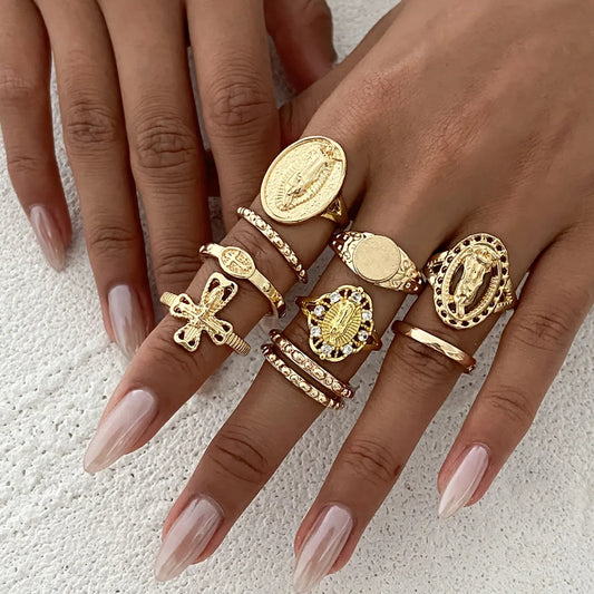 10Pcs/Set Exquisite Elegant Irregular Geometry Finger Rings Women Creative Romantic Wedding Banquet Jewelry Accessories