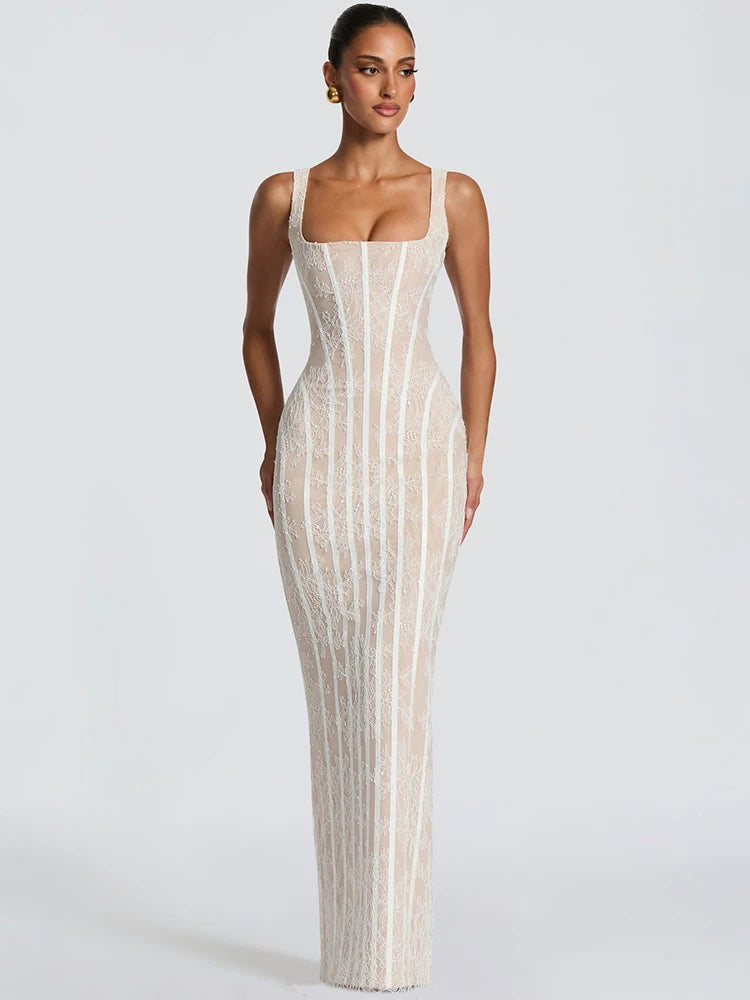 Square Neck Spaghetti Strap Sexy Maxi Dress Women Lace Mesh Striped Bodycon Elegant Wedding Guest Evening Party Dresses