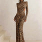 Leopard Print Maxi Dress Women Backless Full Sleeve Turtleneck Peach Butt Folds Skinny Fashion Elegant Banquet Vestidos