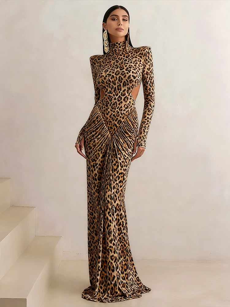 Leopard Print Maxi Dress Women Backless Full Sleeve Turtleneck Peach Butt Folds Skinny Fashion Elegant Banquet Vestidos