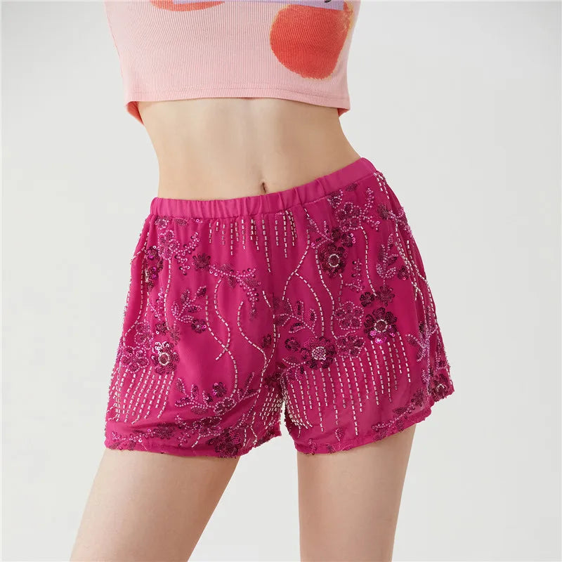 Women Sequin Mini Shorts Y2K Low Rise Sparkle Floral Bead Embellished Bottoms Teen Girls Cute Summer Trendy Shorts