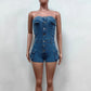 Denim Strapless Romper Women Single-Breasted Pocket 2024 Summer Fashion Vintage Basic Streetwear Workout Playsuit