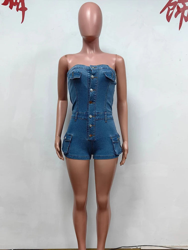 Denim Strapless Romper Women Single-Breasted Pocket 2024 Summer Fashion Vintage Basic Streetwear Workout Playsuit