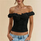 Women Off Shoulder Lace Crop Top Solid Ruffle Trim Floral Embroidery Twist Front Slim Fit Party Clubwear Short Blouse