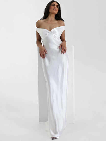 Satin Off-shoulder Backless Sexy Maxi Dress Women Gown Fashion Strapless Sleeveless High Waist Club Party Long Dresses