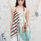 Nautical Print Chiffon Cami Top, Asymmetrical Patchwork Sleeveless Blouse