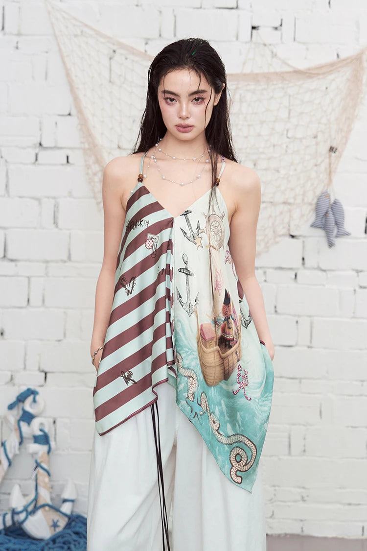 Nautical Print Chiffon Cami Top, Asymmetrical Patchwork Sleeveless Blouse