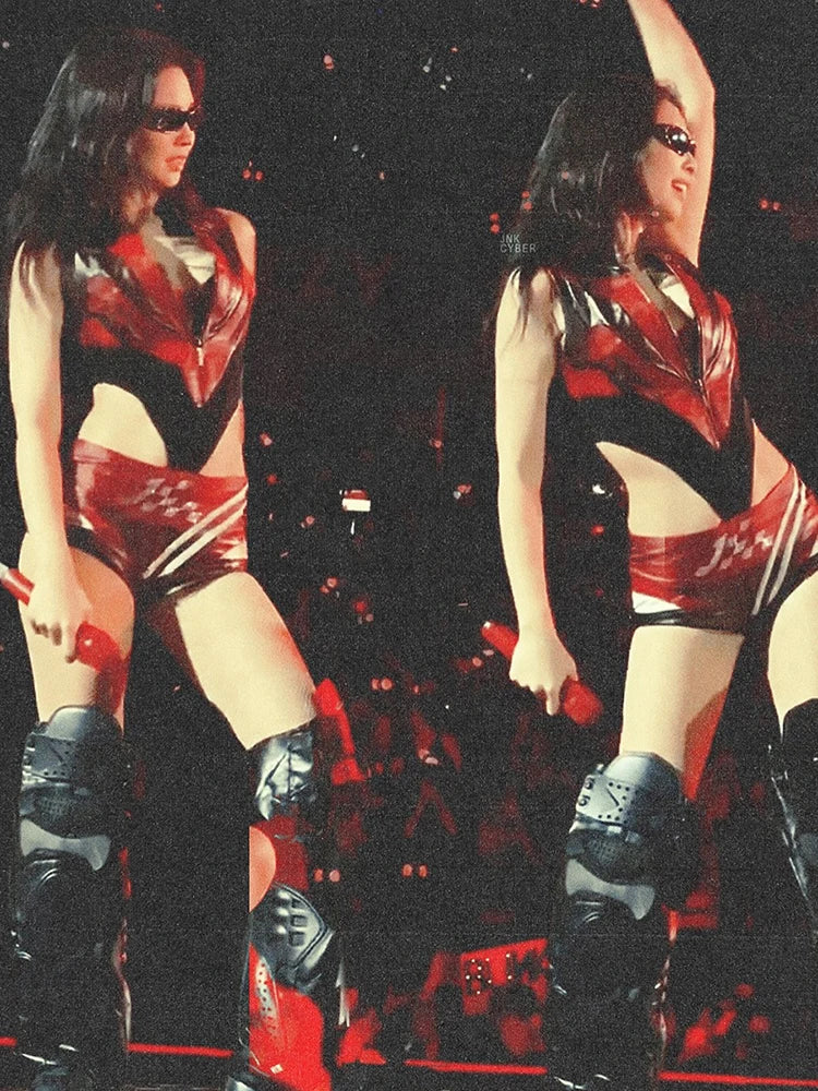 Sexy Patchwork 2-Piece Set Women Summer Zip Irregular Tank Top+Rhinestone Short Matching Midnight Clubwear Outfits