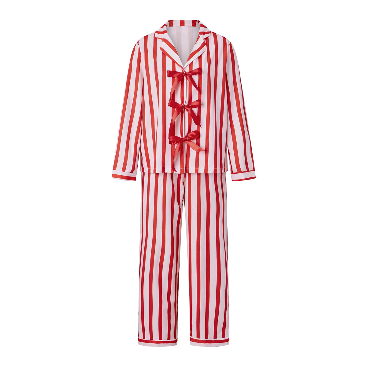 Women Christmas Two Piece Pajama Set Lapel Long Sleeve Bow Tie Top Long Pants Striped Plaid Home Loungewear Sleepwear