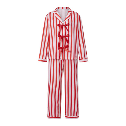 Women Christmas Two Piece Pajama Set Lapel Long Sleeve Bow Tie Top Long Pants Striped Plaid Home Loungewear Sleepwear