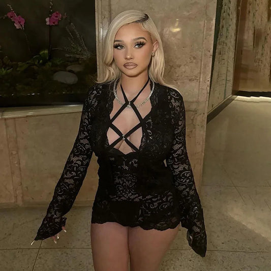 Sexy 2 Piece Club Set Women Outfit See Through Black Lace Long Sleeve Bandage Top Shorts Matching Sets