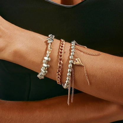 3Pcs/Set Trend Triangle Peach Heart Tassel Pendant Bracelets Women Adjustable Bead Metal Chain Wedding Bridal Jewelry
