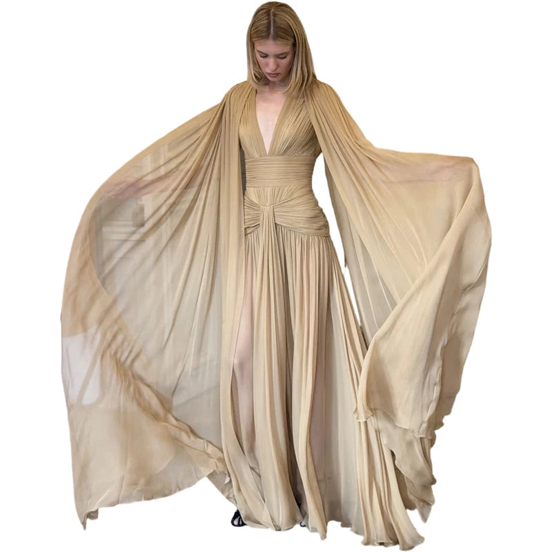 Elegant Maxi Dress Women Folds Mesh Cloak See Through Hem v-Neck Tassel Wedding Party Summer Chic Fashion Vestidos