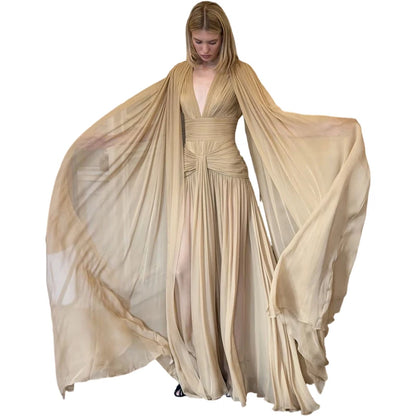 Elegant Maxi Dress Women Folds Mesh Cloak See Through Hem v-Neck Tassel Wedding Party Summer Chic Fashion Vestidos