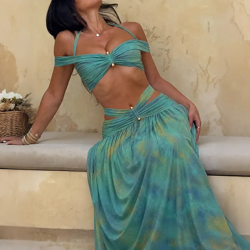 Sexy 2 Piece Tie-dye Halter Crop Top and Matching Maxi Skirt Set Holiday Outfits Woman Clothing