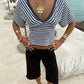 Women Striped V-Neck T-Shirt Short Sleeve Ruched Casual Top Pink White Stripe Summer Y2K Blouse Streetwear Tops