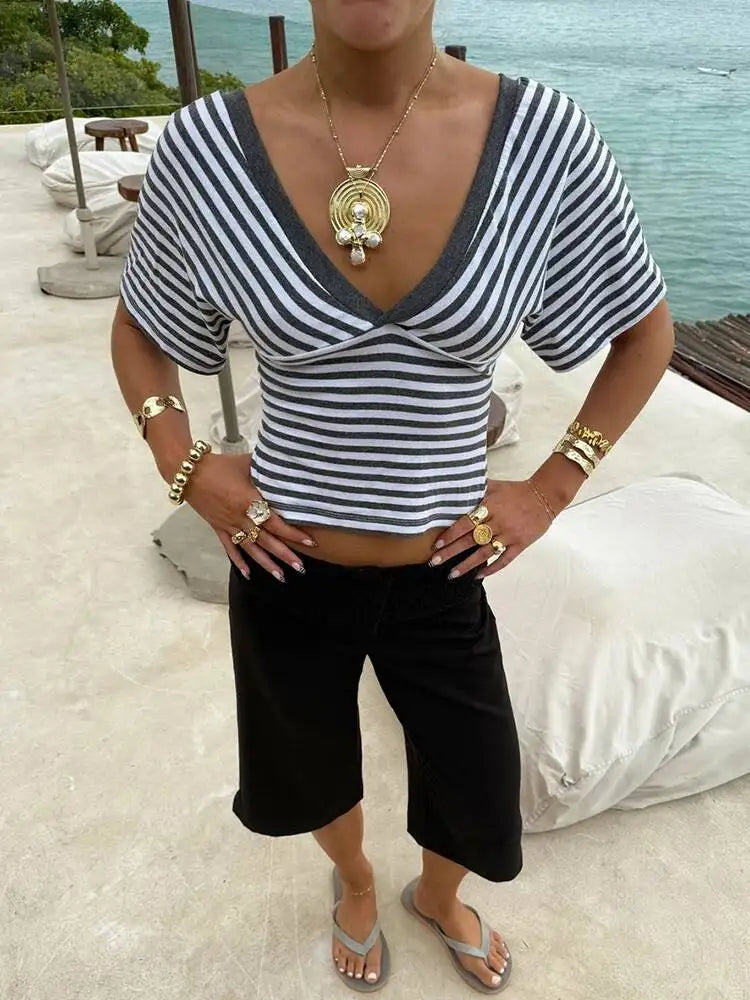 Women Striped V-Neck T-Shirt Short Sleeve Ruched Casual Top Pink White Stripe Summer Y2K Blouse Streetwear Tops