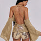 Swing Collar Women Butterfly Sequin Applique Chic Chain Patchwork Backless Off-Shoulder Bell Sleeve Sexy Trend Streetwear