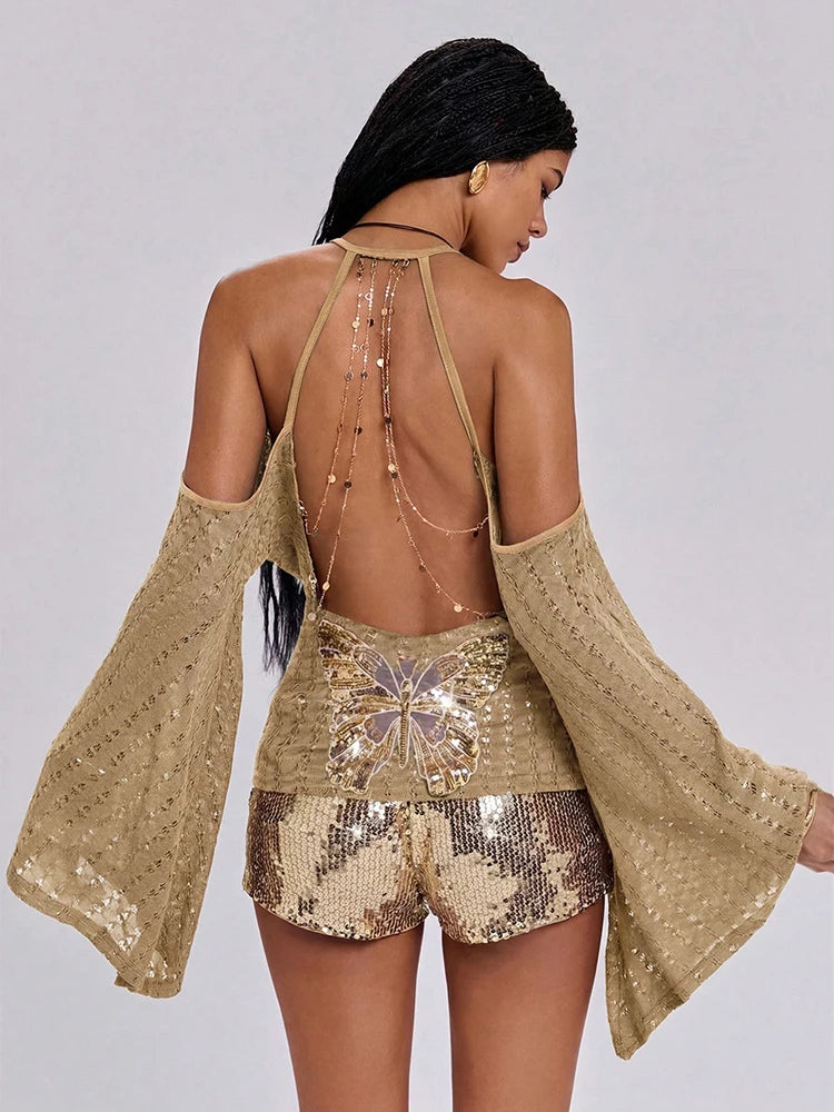 Swing Collar Women Butterfly Sequin Applique Chic Chain Patchwork Backless Off-Shoulder Bell Sleeve Sexy Trend Streetwear