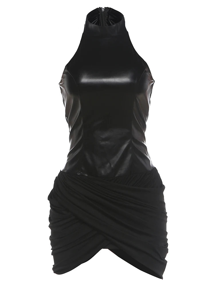 Off Shoulder Faux Leather Patchwork Mini Dress Woman Zip Turtleneck Skinny Folds Wrap Hip Street Wild Style Mini Bodycon