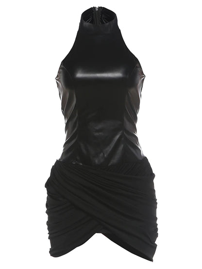 Off Shoulder Faux Leather Patchwork Mini Dress Woman Zip Turtleneck Skinny Folds Wrap Hip Street Wild Style Mini Bodycon