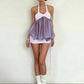 Low-Neck Mesh Patchwork Mini Dress Woman Lace-Up Halter Backless Shirring Skinny Wrap Hip Street Elegant Style Bodycon