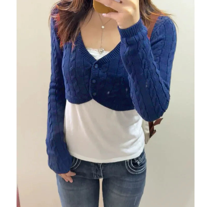 Women Y2K Cable Knit Cropped Bolero Cardigan V Neck Button Long Sleeve Super Short Knit Shrug Sweater Outerwear Tops