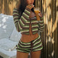 Korean Y2K Striped Crochet 2 Piece Set Long Sleeve Knit Crop Top and Drawstring Shorts for Cozy Vacation Beachwear