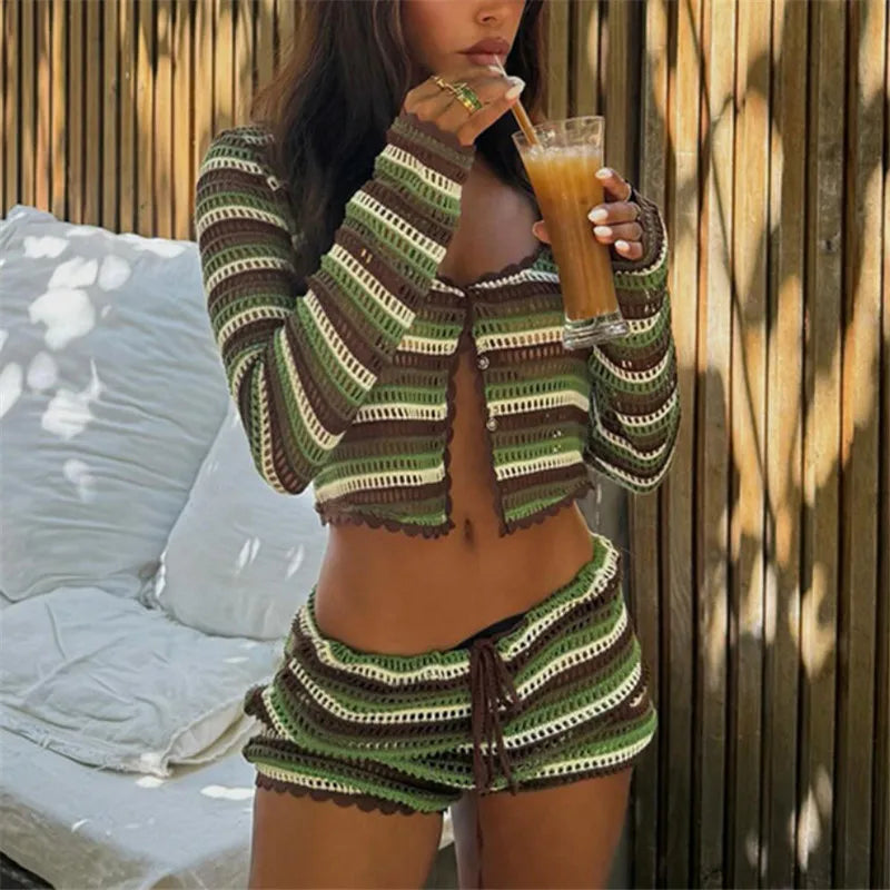 Korean Y2K Striped Crochet 2 Piece Set Long Sleeve Knit Crop Top and Drawstring Shorts for Cozy Vacation Beachwear