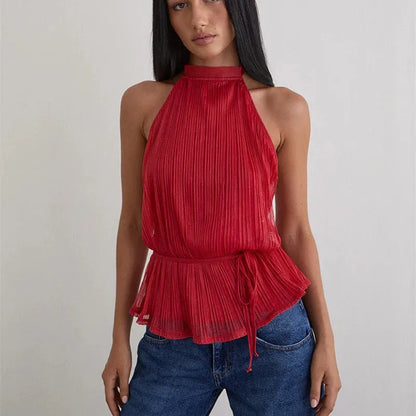 Y2K Summer Backless Halter Neck Crop Tops Sleeveless Tie Up Open Back Shirts Vest Women's Chiffon Pleated Tank Top