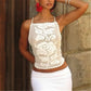 Women Boho Crochet Cami Top Halter Neck Open Back Floral Pattern Fitted Crop Top for Beach Cover Up Vacation Photoshoot