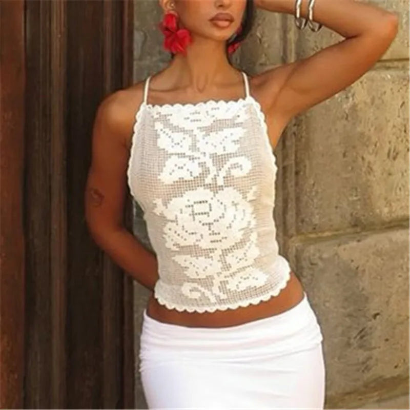 Women Boho Crochet Cami Top Halter Neck Open Back Floral Pattern Fitted Crop Top for Beach Cover Up Vacation Photoshoot