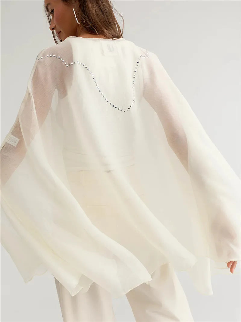 Women Sheer Chiffon Poncho Blouse Rhinestone Beaded Wide Flare Sleeve Loose Oversized Mesh Tunic Beach Cover Up Tops