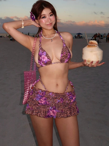 Summer Flower Leopard Print 3-Piece Set Women Halter Bra+Strap Shorts+Folds Skirts Skinny Sexy Beach Party Matching Suits