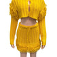 Sexy Knit Tassel 2-Piece Set Women Button Crop Cardigan+Drawstring Peach Hip Skirt Matching Stretch Skinny Outfits