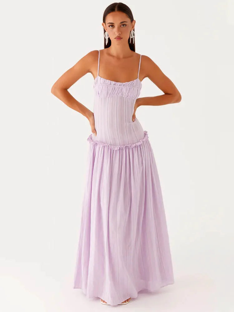 Elegant Spaghetti Strap Sexy Maxi Dress Women Gown Fashion Off-shoulder Sleeveless Backless Pleated Club Long Dresses