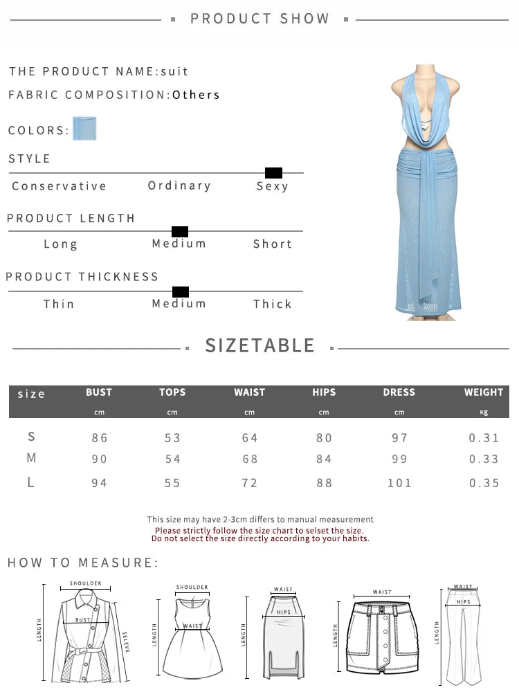 See Through Women 2 Piece Set Y2K Halter Swing Collar Seashell Tank Tops+Ruched Waist Maxi Skirts Midnight Clubwear