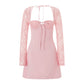 Womens Elegant Lace Patchwork Long Sleeve Mini Dress Y2k Square Neck High Waist Backless Tie Up Slim Fit A-line Dress