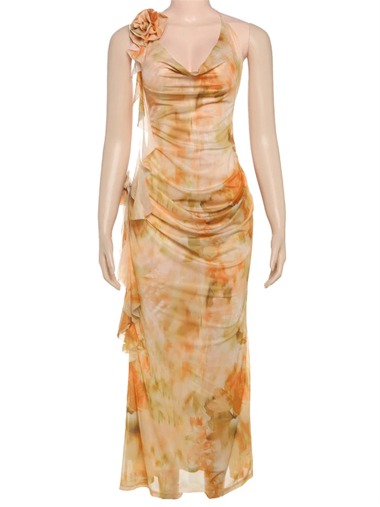 Tie-Dye Fashion Maxi Dress Women Applique Lace-Up Halter Ruffles Tassel Vacation Beach Party Ruched Elegant Vestidos