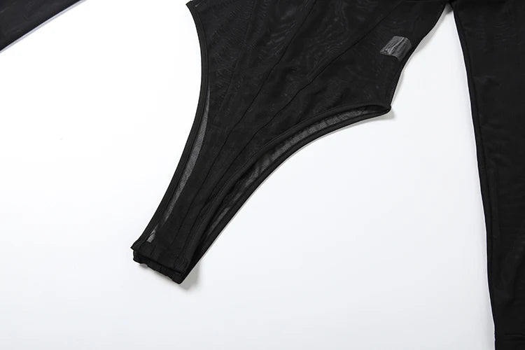 Patchwork Half Turtleneck Bodysuits Women See Through Fake Fishbone Decoration Sexy Party Street Fashion Midnight Outfit