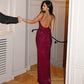 Spaghetti Strap Backless Ruched Maxi Dress Burgundy Black Sparkling Birthday Dresses Luxury Evening Gown