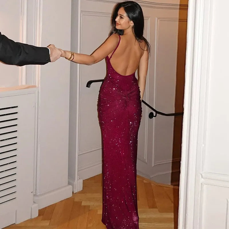 Spaghetti Strap Backless Ruched Maxi Dress Burgundy Black Sparkling Birthday Dresses Luxury Evening Gown